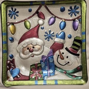 LS Arts Christmas Platter Glass Holiday Santa Snowman Decorative Serving  Tray